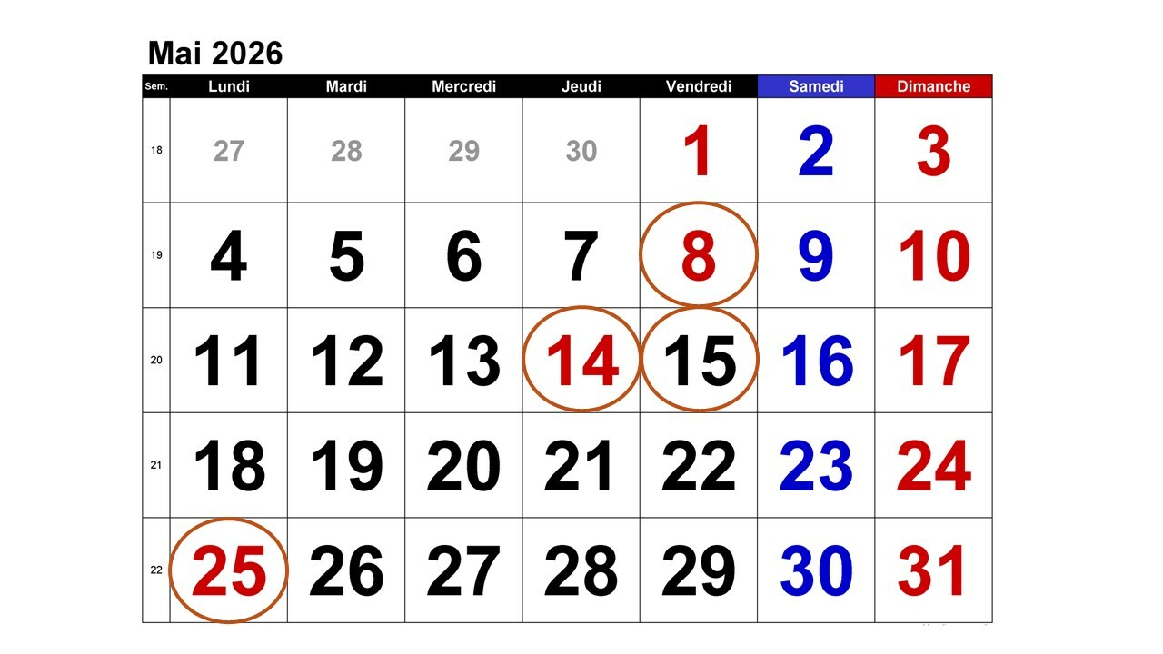 JOURS FERIÉS MOIS DE MAI 2026
